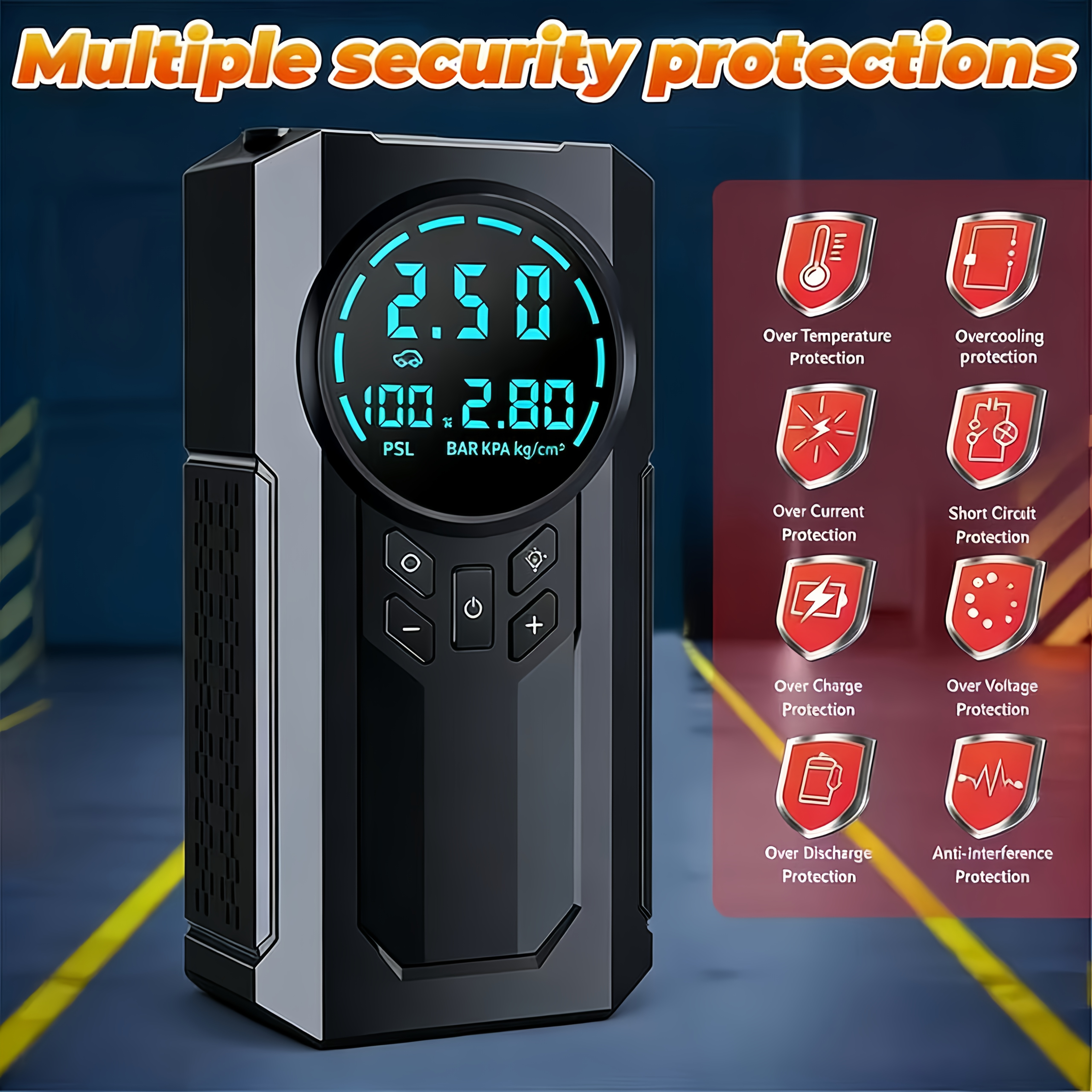 auxiliar de emergência para carro, 8000a com compressor de ar, inflador de pneus 180psi, bateria capacidade incorporada de 8000mah, visor digital, monitorização da pneus, 3 de iluminação led - adequado para de 9.99l ou de 9.01l Detalhes do produto 3