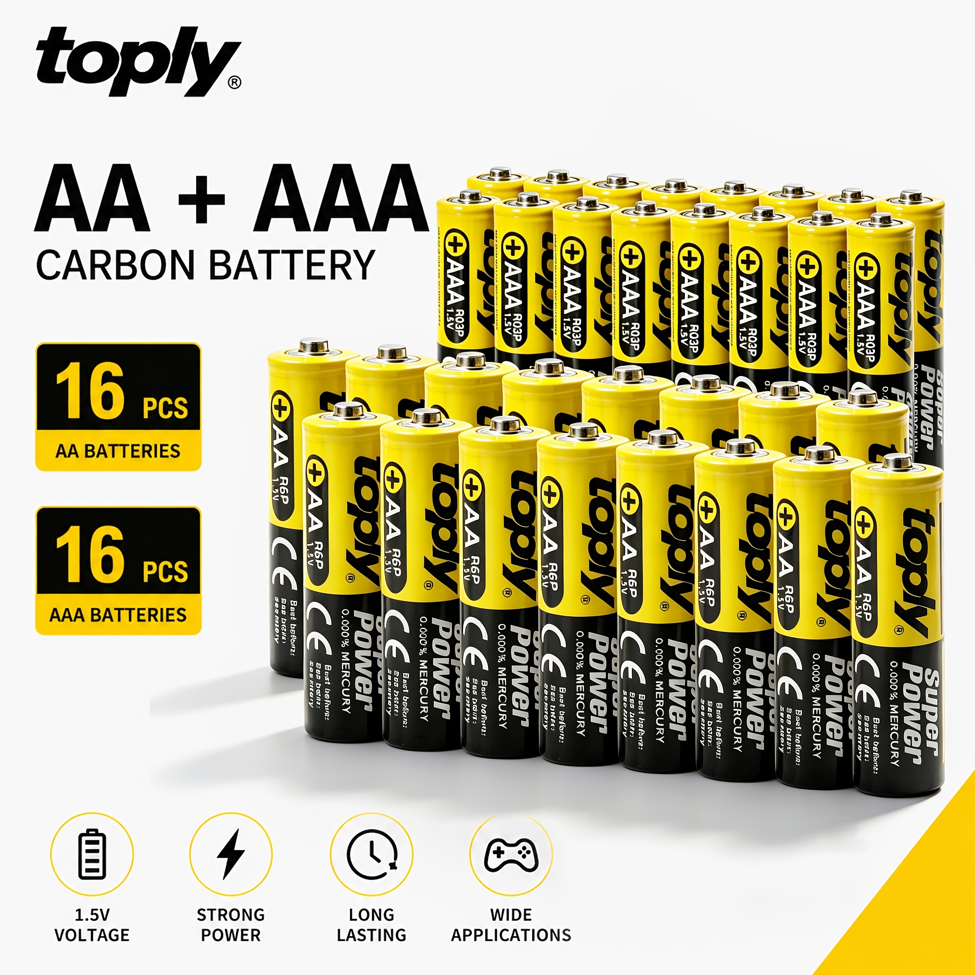 TEMU Pack combiné de 32 piles Carbon AA AAA, 16 piles AA taille 5 et 16 piles AAA taille 7 pour télécommandes, horloges, jouets, lampes de poche