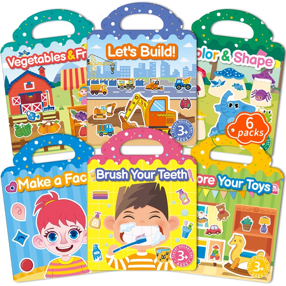 TEMU Lot de 6 livres d'autocollants en gelée réutilisables pour enfants en boîte cadeau, autocollants créatifs de dessins animés multi-scènes, jouets