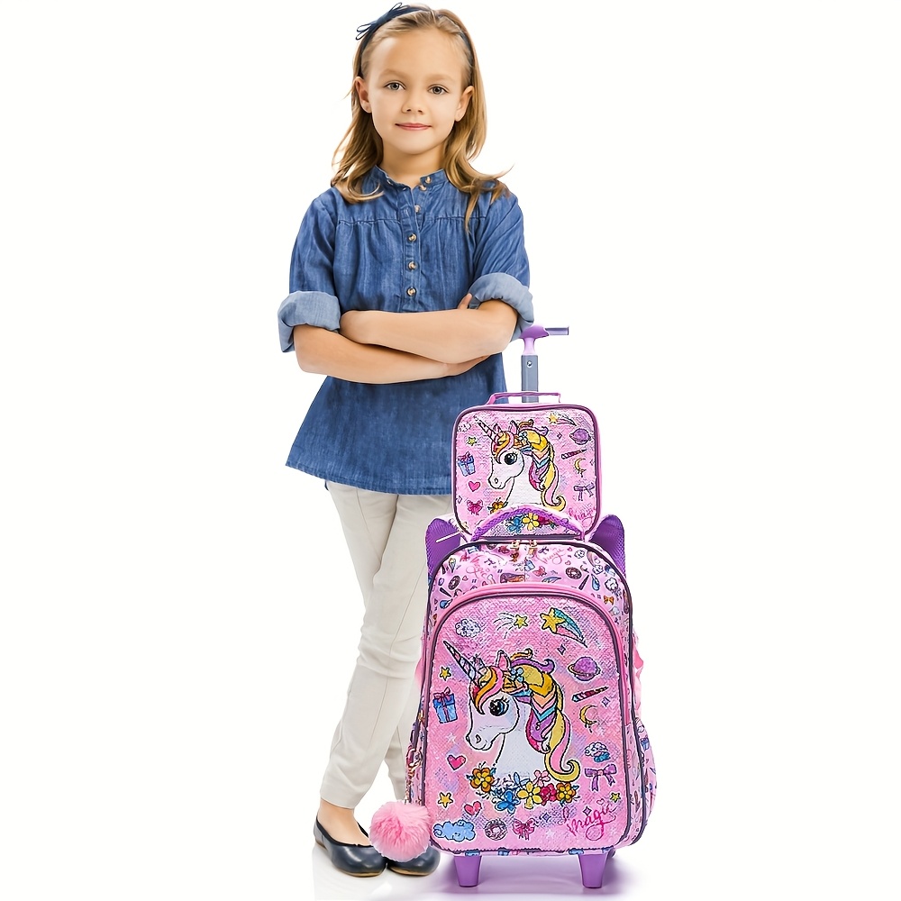 3pcs Rolling Backpack for girls Pink Cute Cartoon Unicorn Sequin Design  Students Wheeled Bags with Handbag And Pen Bag *-the-dark Function, for