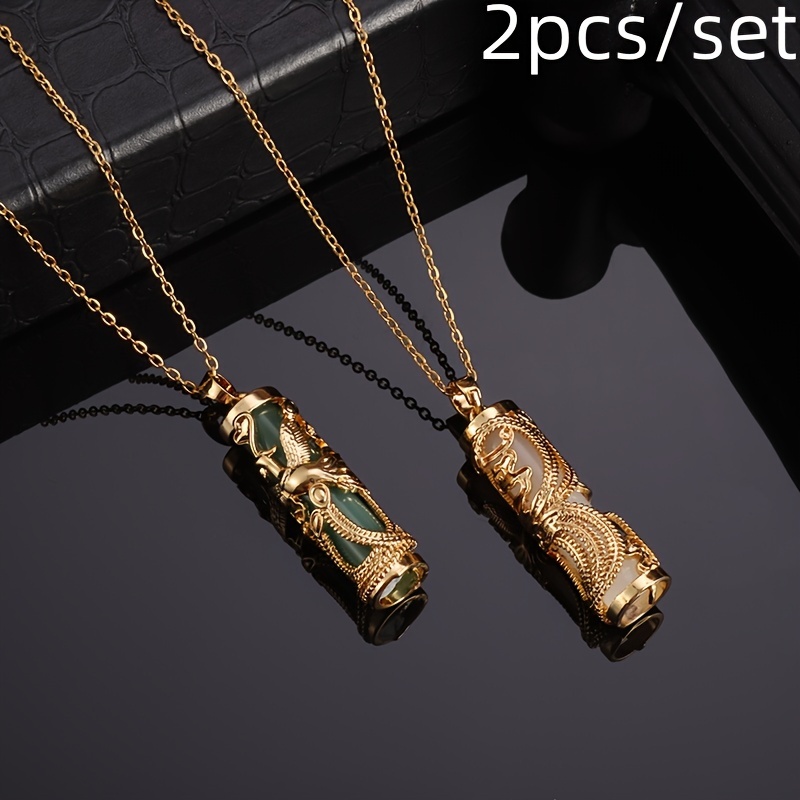 

2pcs/set Classic Pendant Imitation Jade Dragon Column Phoenix Necklace Men's And Women's Fashion Jewelry Accessories Necklace