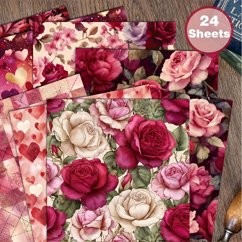 TEMU 24 Sheets Inches Vintage Floral Patterns, Featuring , Pink And Purple Roses, 's Day , Suitable For Collage, Origami Projects Decorative Paper,