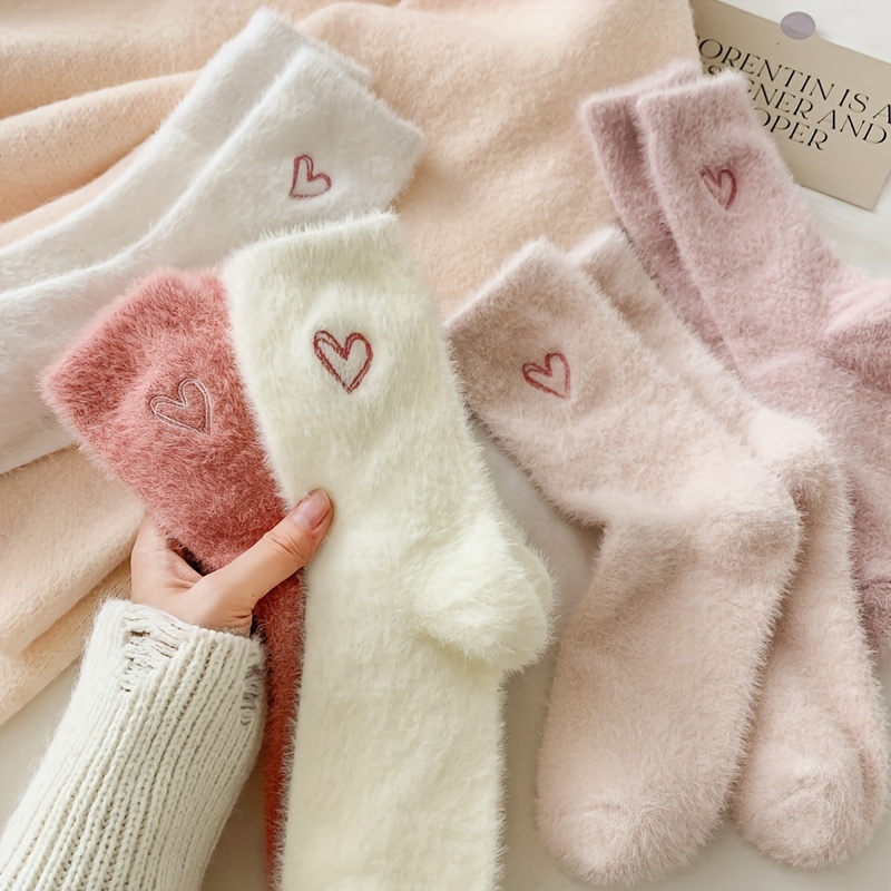

5 Pairs Valentine's Day Heart Pattern Socks, Sweet & Warm Fuzzy Mid Tube Socks, Women's Stockings & Hosiery