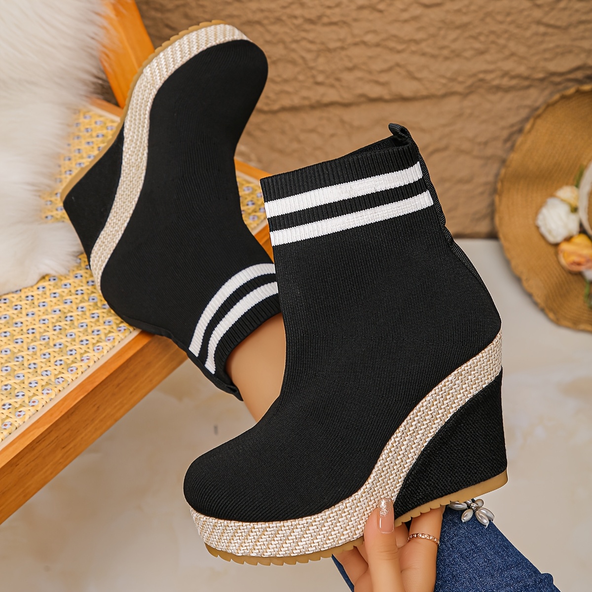 Women'S Slip-On Chunky Heel Ankle Boots - Round Toe & Wedge Design, Black Fabric Upper with White Striped Detailing, Elastic Rubber Sole for Winter Fashion & Casual Outfits, Winter Footwear, Trendy Boot Design