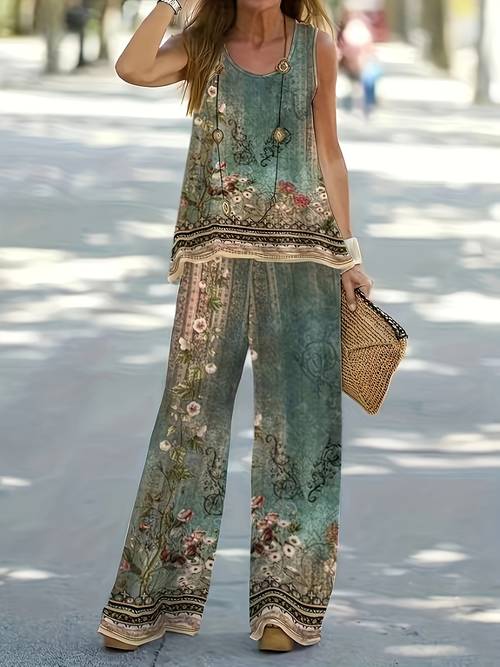 sleeveless summer floral print two piece set womens casual vest and pants set