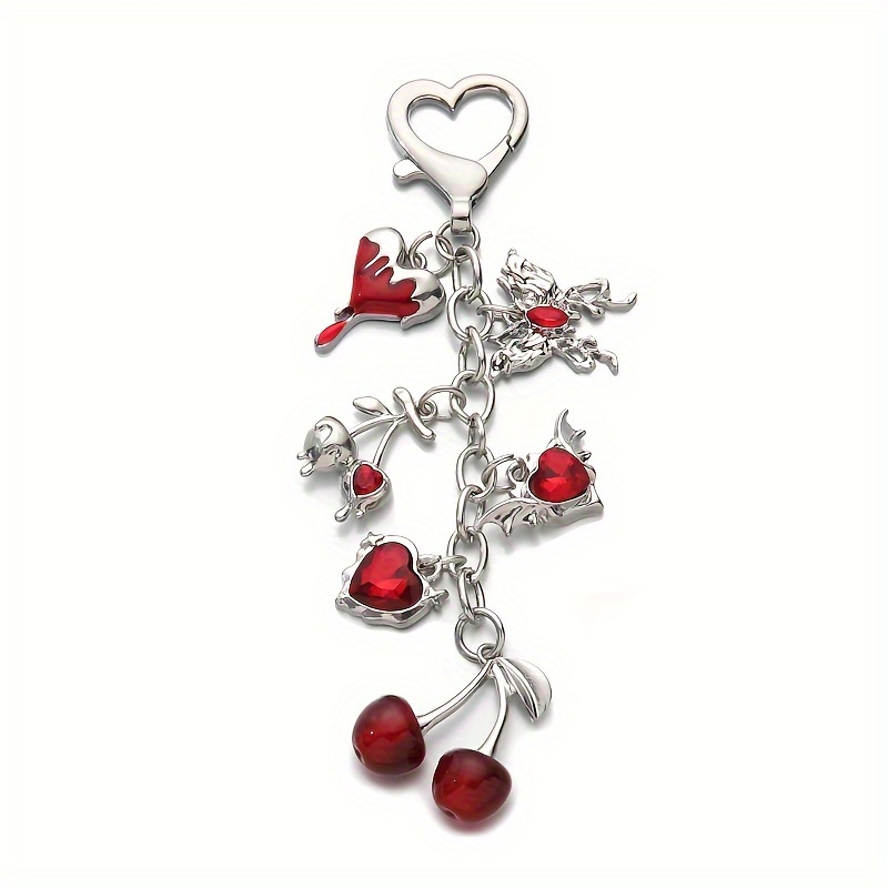 TEMU 1pc Nxqxn Cherry And Rhinestone Keychain - Elegant Metal Heart Charm With Sparkling Accents, Round Ring Clasp, Ideal For Bag Decoration Or