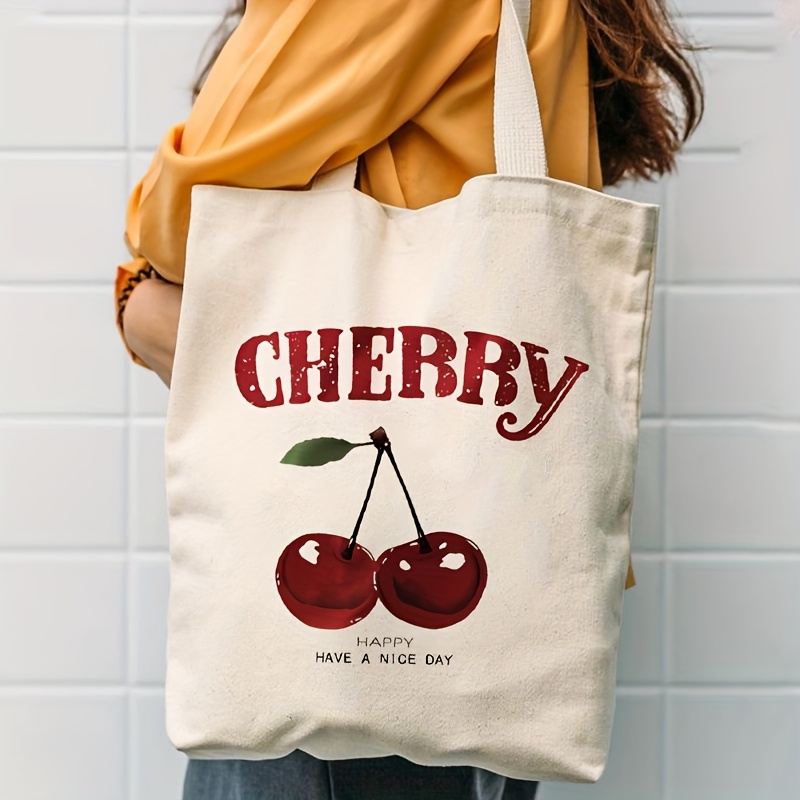 E-shop 1 Stück Modische Kirsch-Print-Canvas-Tasche, Wiederverwendbare Einkaufstasche Mit Fester Schulterbandverbindung, Ungepolstert, Ohne Verschluss,