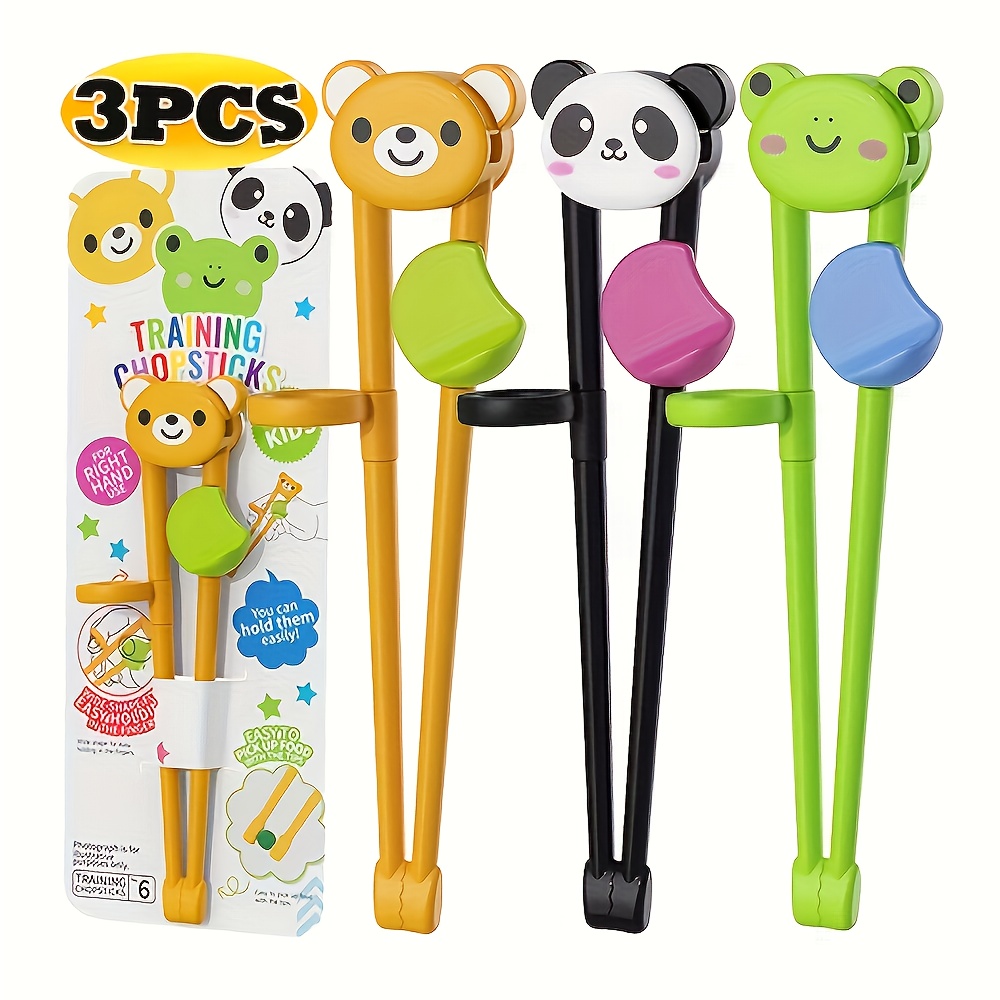 Image of 3pcs Plastic Chopsticks For Beginners With Training Helper - Cartoon Design, , Kitchen Utensils And Tableware For Home And College Dorm