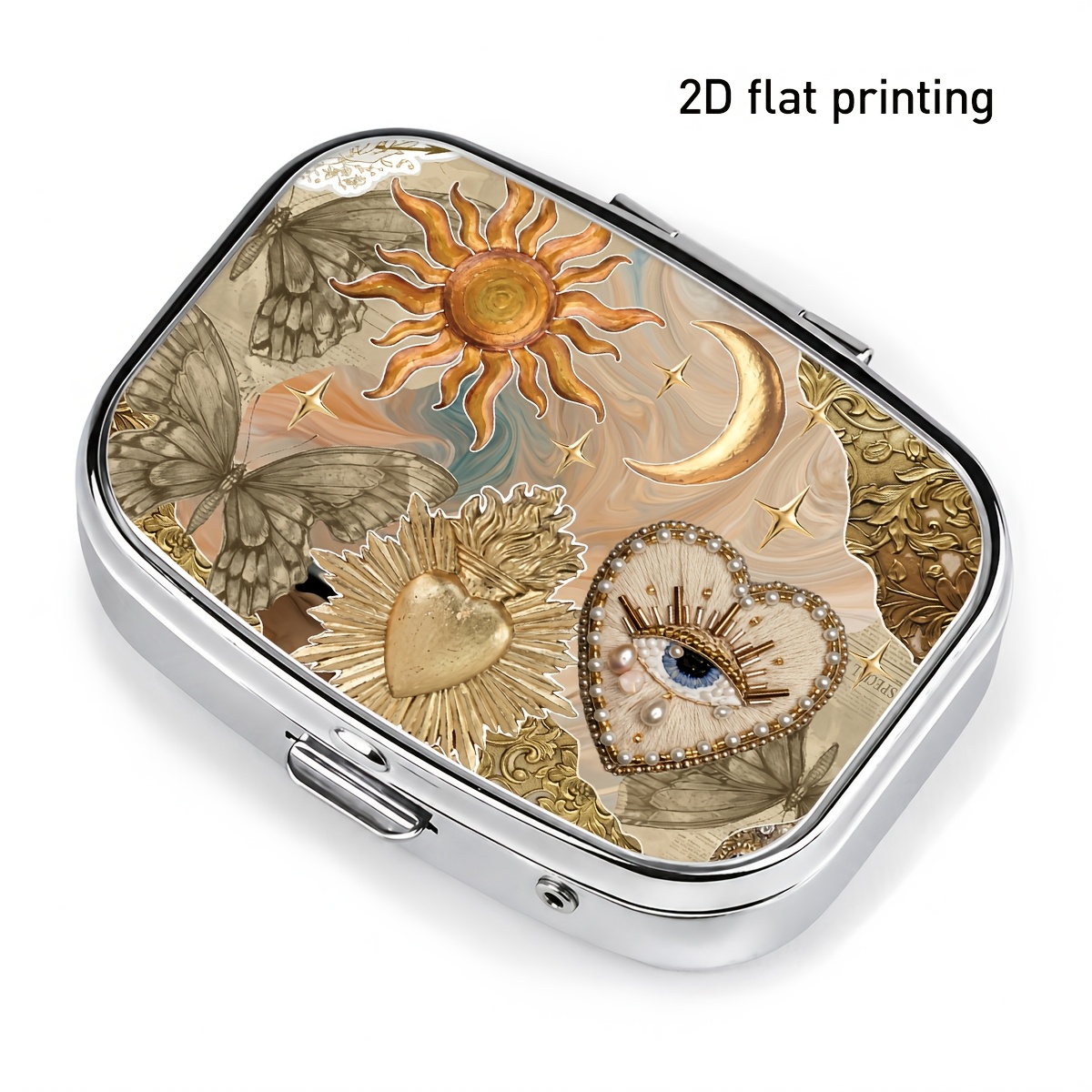 TEMU 1 pièce, Impression 2D à plat, Pilulier portable carré en métal avec motif , Organisateur de petits objets à deux compartiments, Convient pour