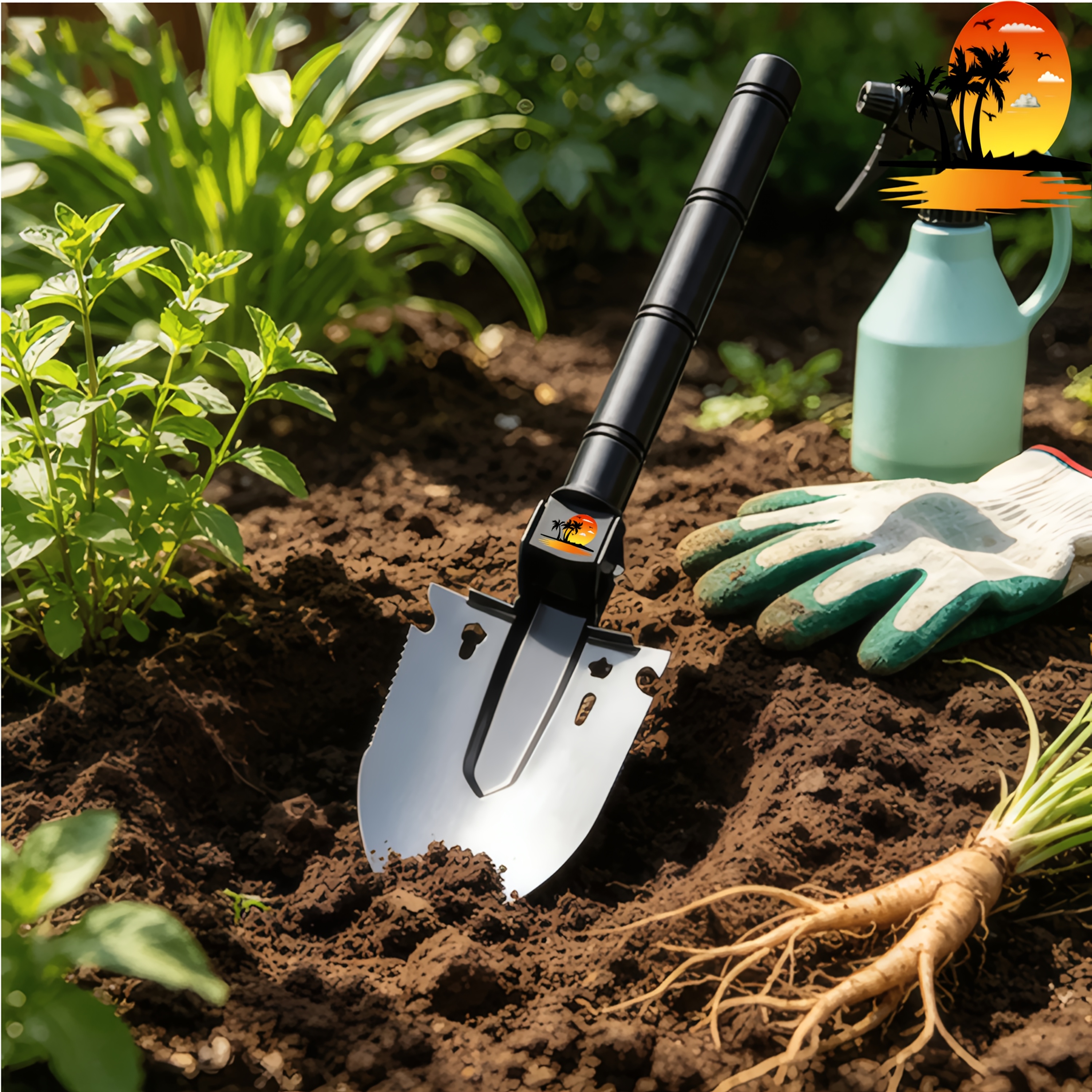 Multifunctional Portable Factory Shovel with Sunset Coconut Tree Pattern