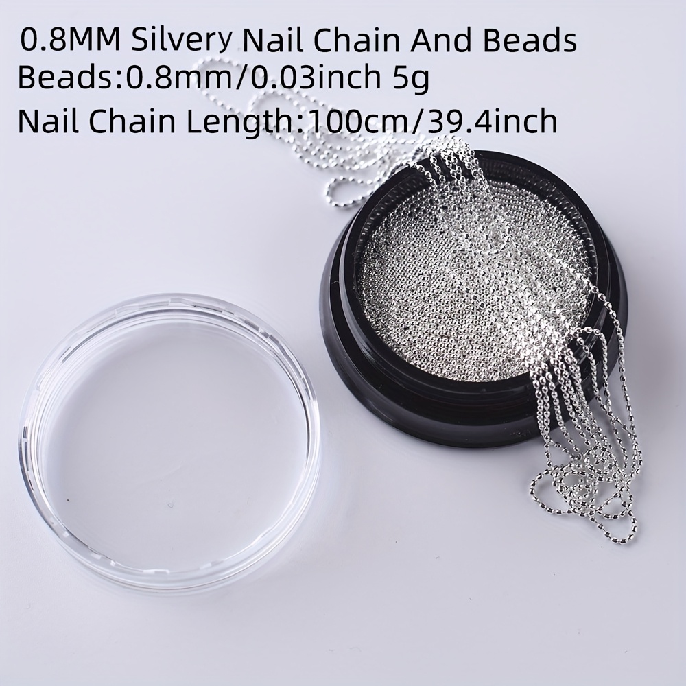 Image of Silvery Nail Chain Bead Bottle Set, Includes 5g Silvery Steel Beads And 1 100cm Long Silvery Chain For Diy Manicure Decoration, Other Diy Ornament Embellishments