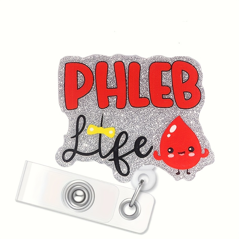 

Phleb Life Acrylic Badge Reel With Durable Clip, Retractable Id Card Holder For Nurses & Hospital Staff, English Text, Firm Nylon Cord & Metal Pinch, 1pc