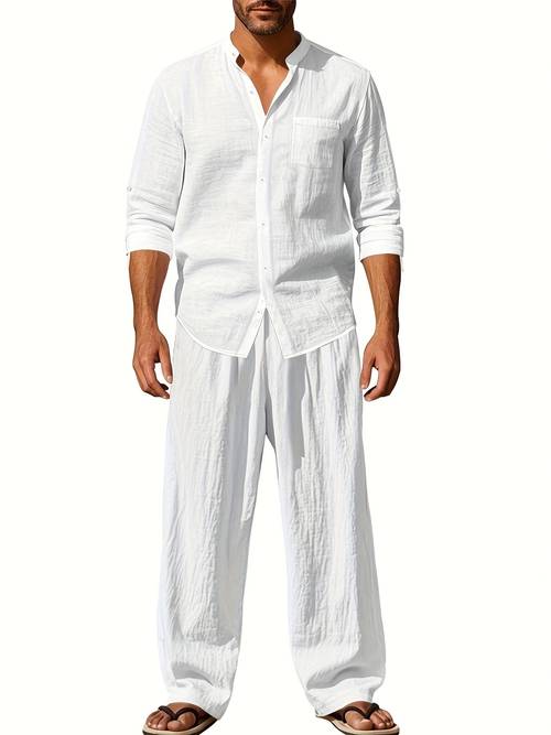 mens linen loose drapey breathable henley collar casual shirt set casual long sleeve and trousers multi color essential for home outdoor parties vacations and travel