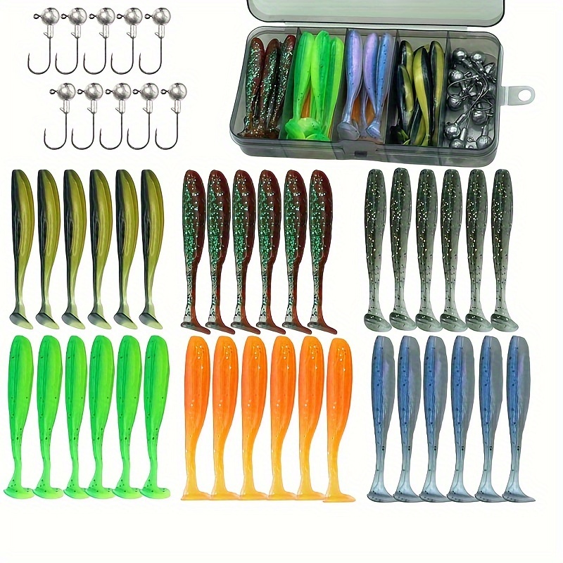 

46pcs/box Paddle Tail Swimbaits And Jig Hooks Set, Realistic Soft Lure, Outdoor Fishing Accessories