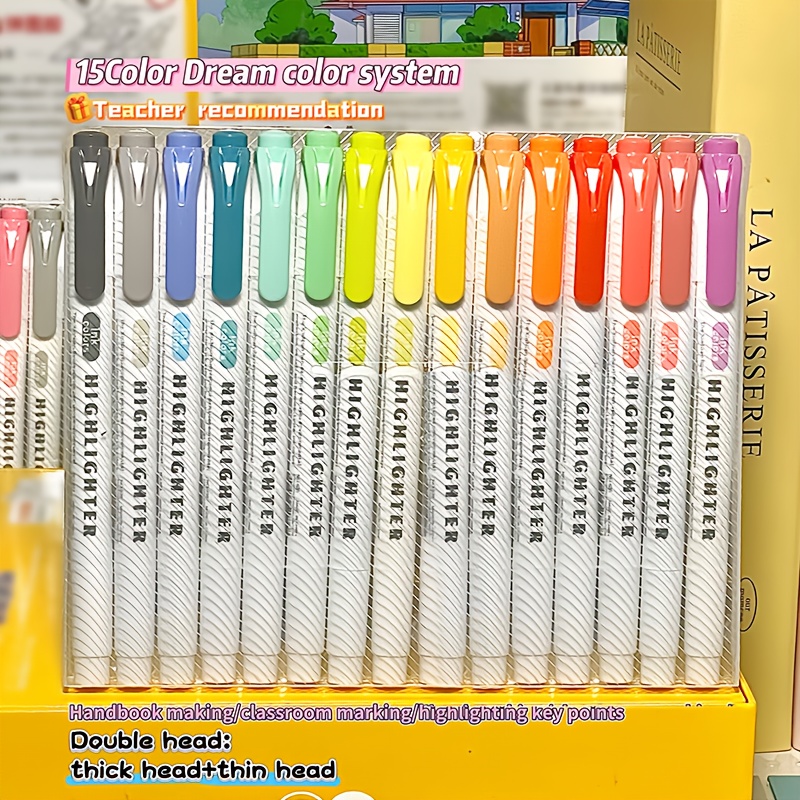 TEMU 15-pack Dual-head Highlighters, Dual-head Gentle Colorful Highlighters With Wide And For Coloring, Underlining, High Gloss, And Thick Markers