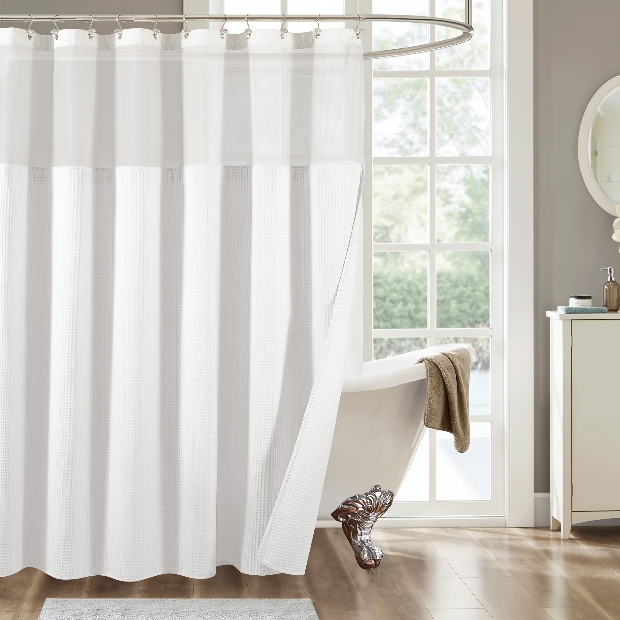 

Waffle Shower Curtain With Snap In Liner And Sheer Top Window, Water Repellent