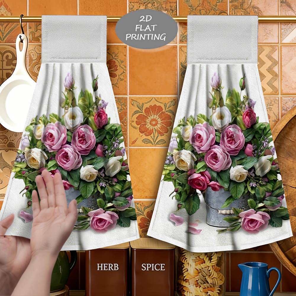 TEMU 2pcs Pink Roses, White Flowers, Green Leaves. Pattern Print Hanging Hand Towel Multifunctional Hand Towel Soft Microfiber, Exquisite ,