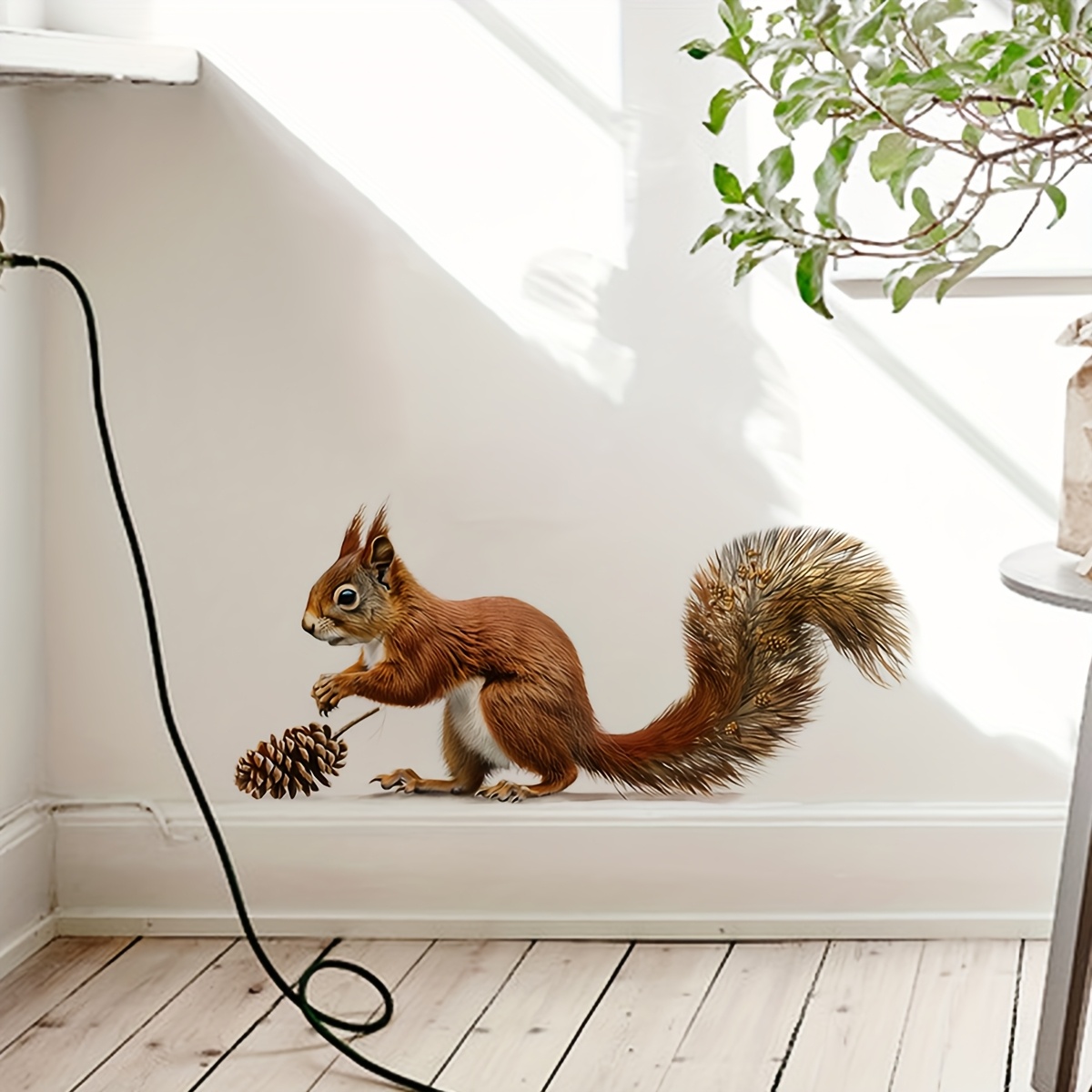 Realistic Squirrel With Pine Cone Self-adhesive Removable Wallpaper - Bohemian Print Vinyl Sticker Suitable For Floors/walls, Squirrel Decal For Living Room, Bedroom