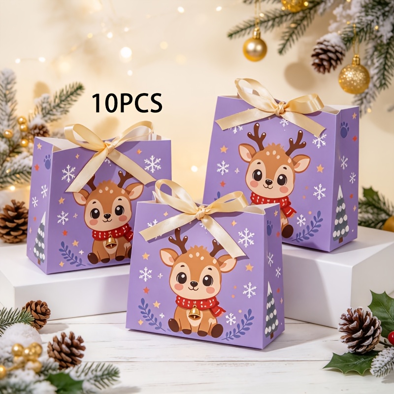 TEMU 10pcs/christmas Reindeer Mini Paper Gift Bags, With Bow, Purple Christmas Cute Reindeer Snowflake Small Gift Box, Holiday Party Souvenir