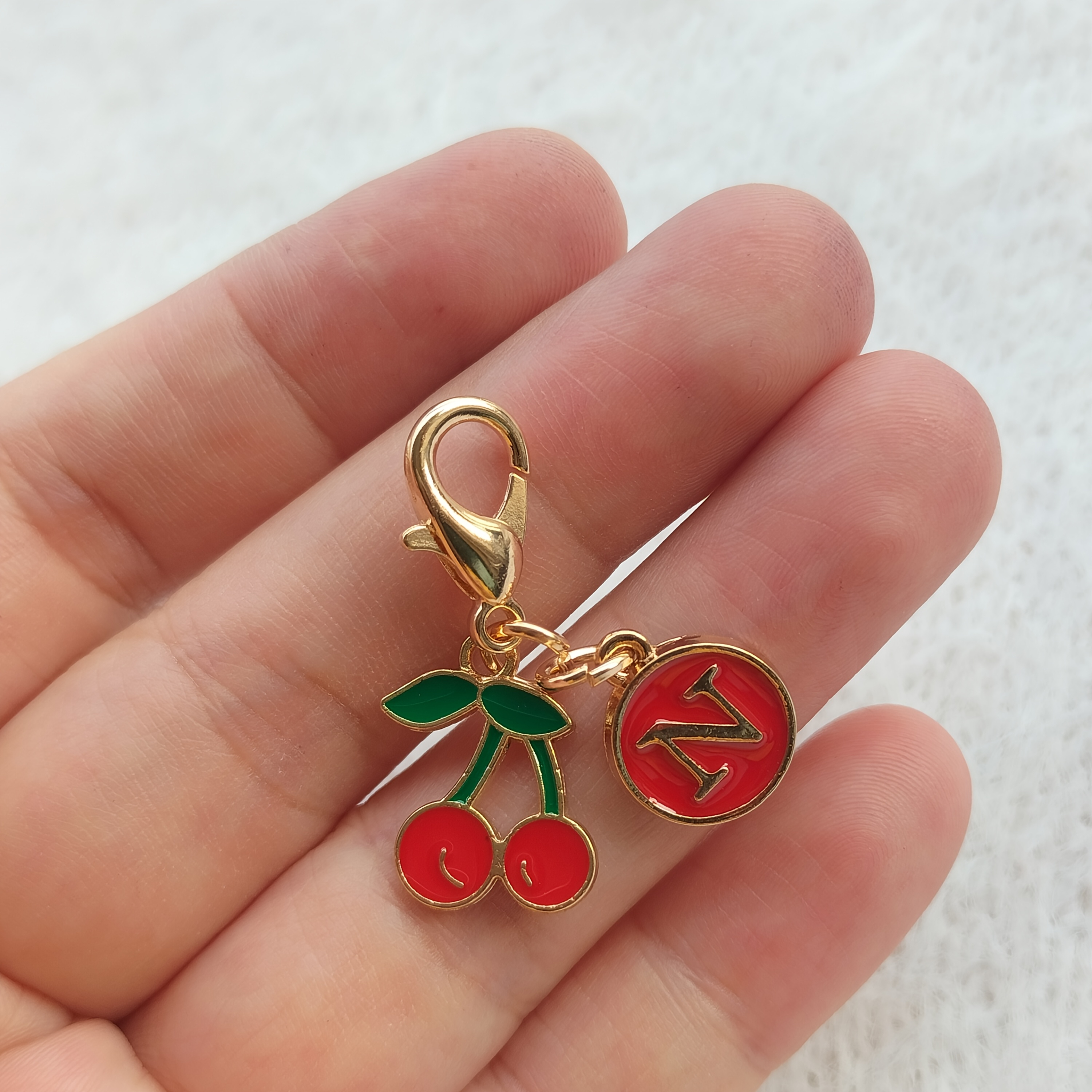 TEMU 1pc Handmade Alloy Cherry Charm Keychain With Lobster Clasp & Letter Charms - Suitable For Bags, Backpacks, Wallets, Car Keys, Birthday Gifts,