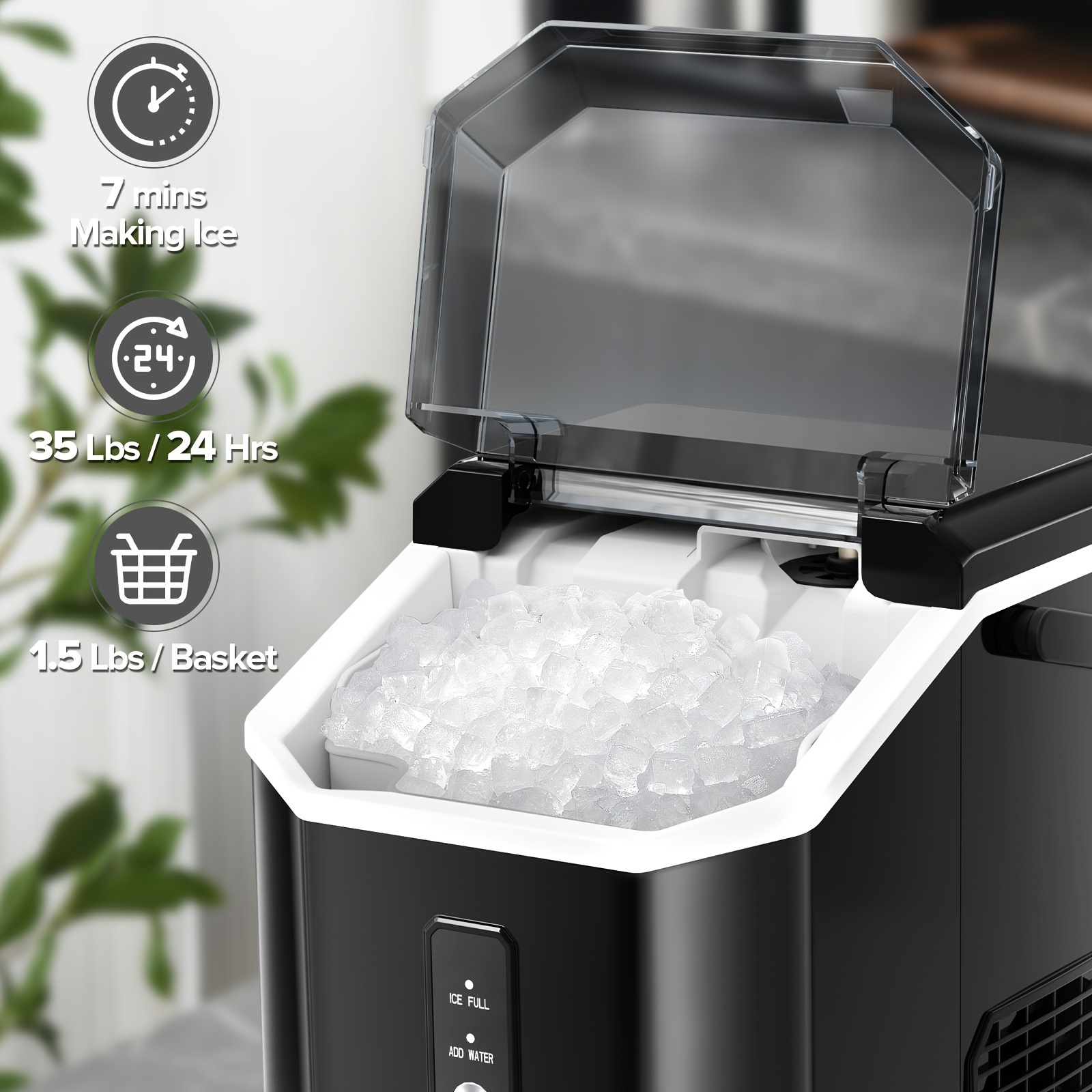 

Ice Makers Countertop, Maker With Handle 35lbs/ 24h, Soft Chewable Ice, Pebble Ice Maker With Self-cleaning, Ice & Basket, Or Home, Office, Kitchen, Black