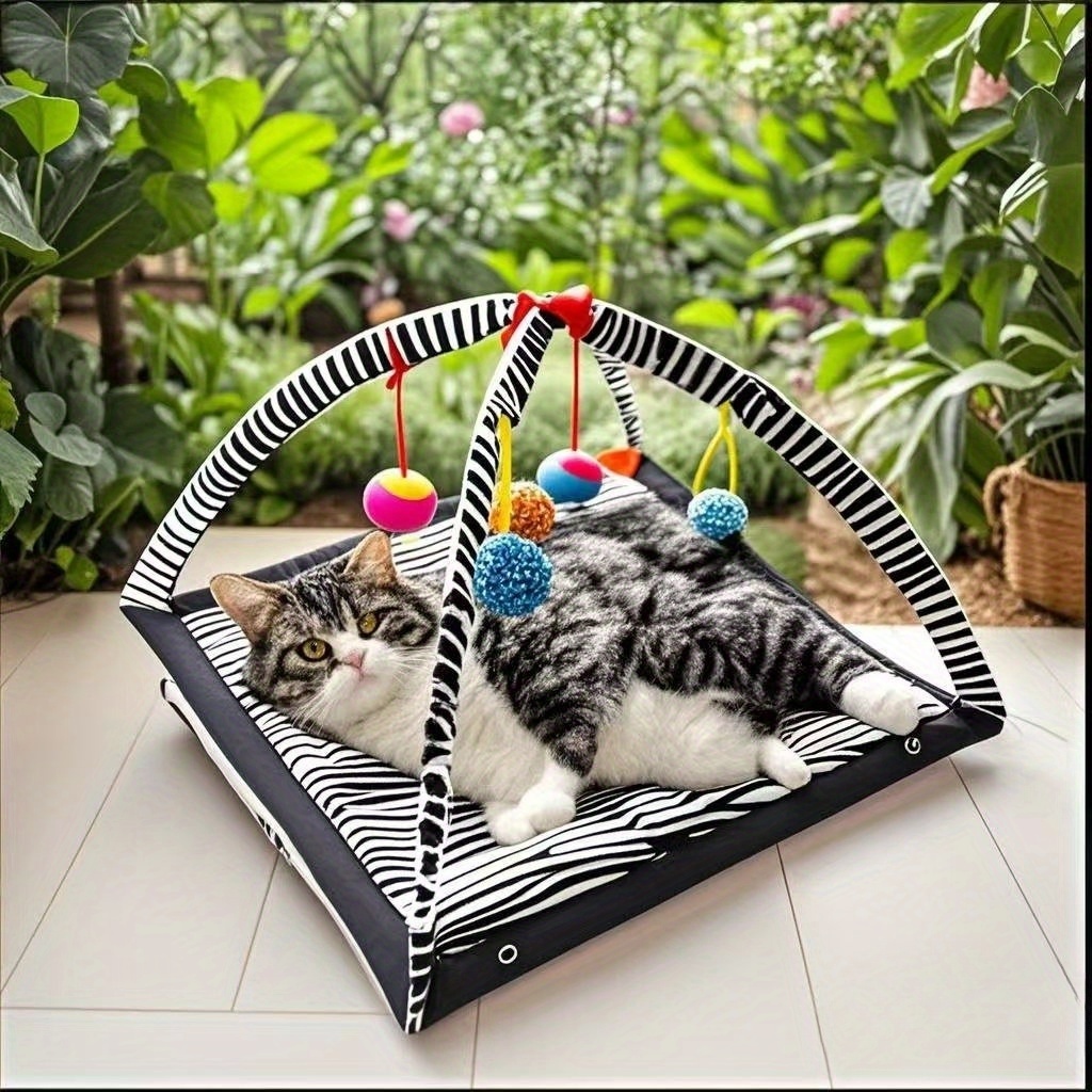 Interactive Cat Play Tent with Hanging Ball Toys & Scratching Mat
