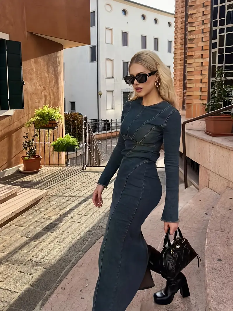 long denim dress with slit Turtleneck Denim Dress Trendy High-Slit Tunic