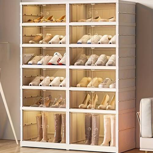 1-Pack Transparent Stackable Shoe Storage Boxes, Plastic Folding Shoe Organizer, Dust-proof Acrylic Shoe Cabinet With Easy Pull Access, Versatile Home Organization, Fits Various Shoe Types