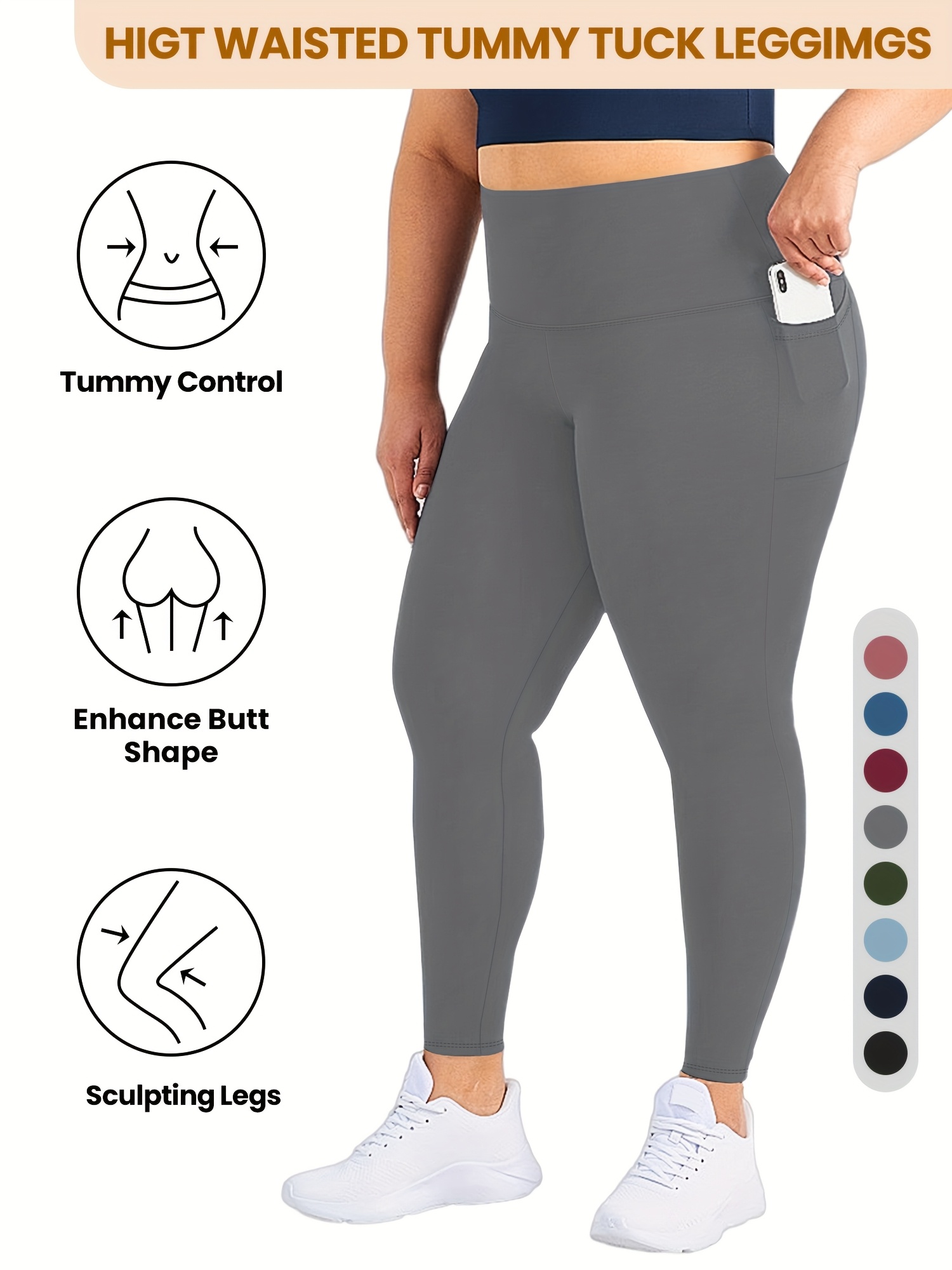 Plus Size High Waist Yoga Pants with Side Pockets - 88% Polyester 12% Elastane Stretchy Tummy Control Leggings, Sculpting Workout Gym Activewear for Women, All-Season Comfort (Machine Washable)