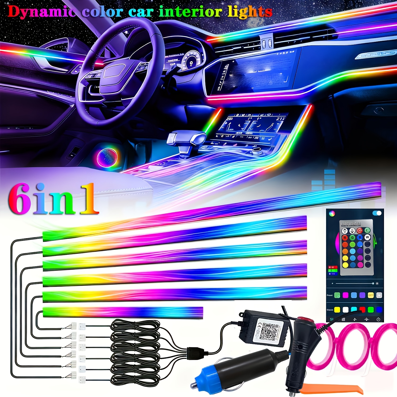 TEMU 6-in-1 Rgb Car Interior Bluetooth Usb Light Strip With Wireless Remote And App Control, Dashboard Foot Mood Light Kit, , - 128 Color Options,
