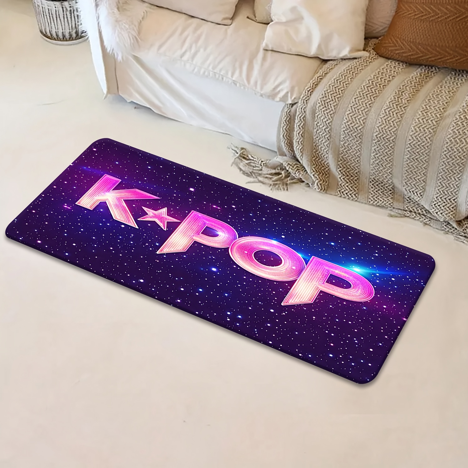 TEMU 1pc Flannel Kpop Starry Pattern Long Strip Anti-slip Mat, Machine Washable Non-fading, Soft Comfortable Decorative Carpet, Suitable For Living