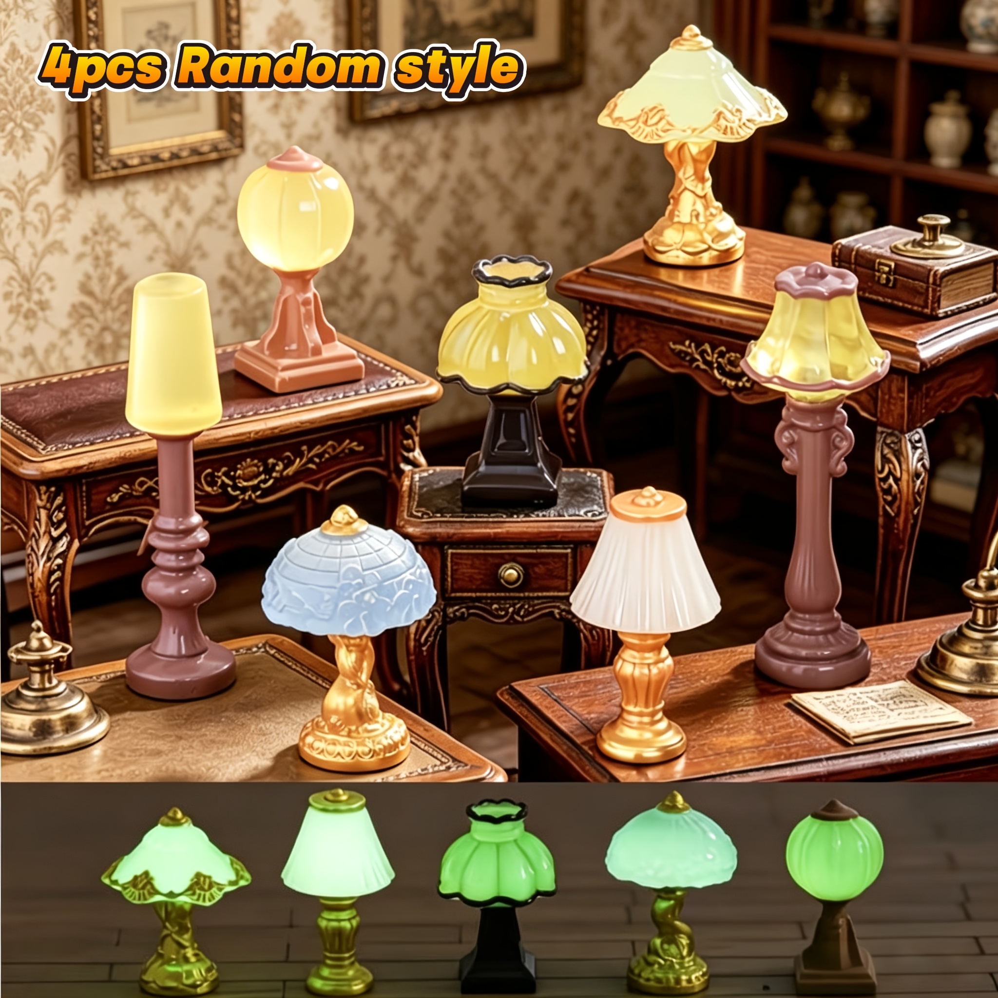 TEMU 4 pezzi Stili Casuali, Ornamenti per Lampade da Tavolo Miniature Retro Europee, Lampada da Tavolo Miniatura in Resina Simulata, Micro Paesaggio