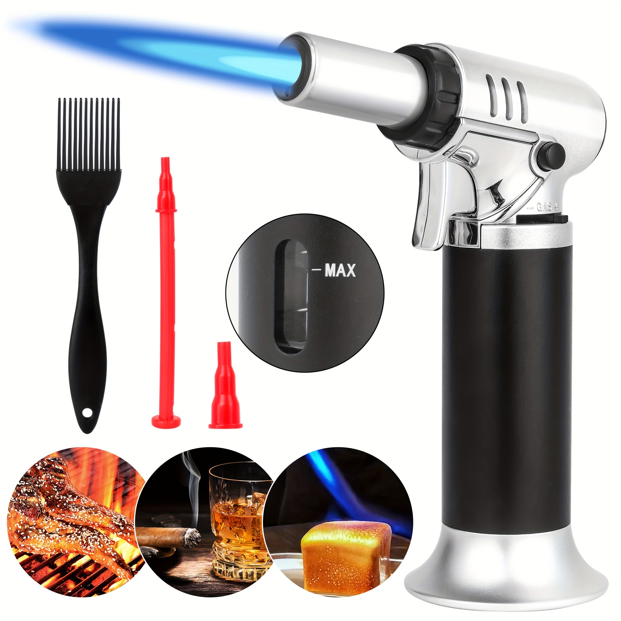 

Butane Torch With Fuel Gauge & Continuous Flame Lock, With Basting Brushes Silicone Kitchen Blow Torch, Creme Brulee, Mini Torch For Cooking And Crafts (butane Gas Not Included)