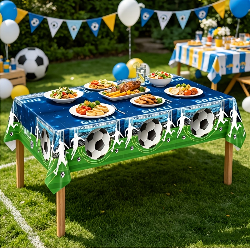 TEMU Soccer Event 2026 - 1pc Blue Football Party Tablecloth Disposable Party Tablecloth Suitable For Sports And For Sports Decoration Setup