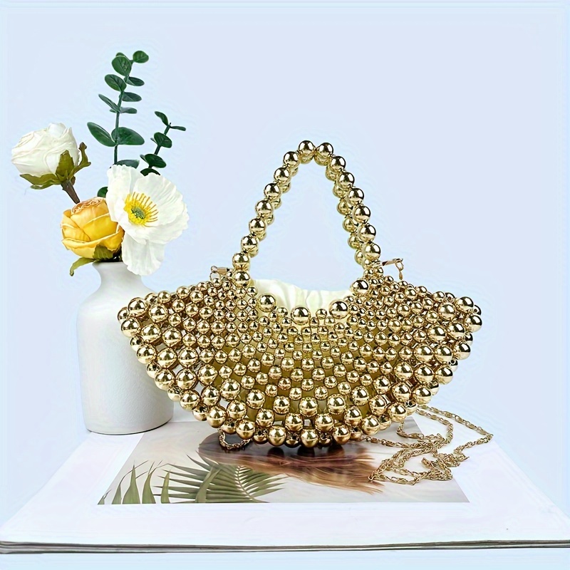 [New, Fashion Handbag] 2024 New Women's Fashion Handbag | Fan-Shaped Hollow Out Pearl Evening Bag with Removable Strap Drawstring Closure Polyester Lining Handcrafted Clutch