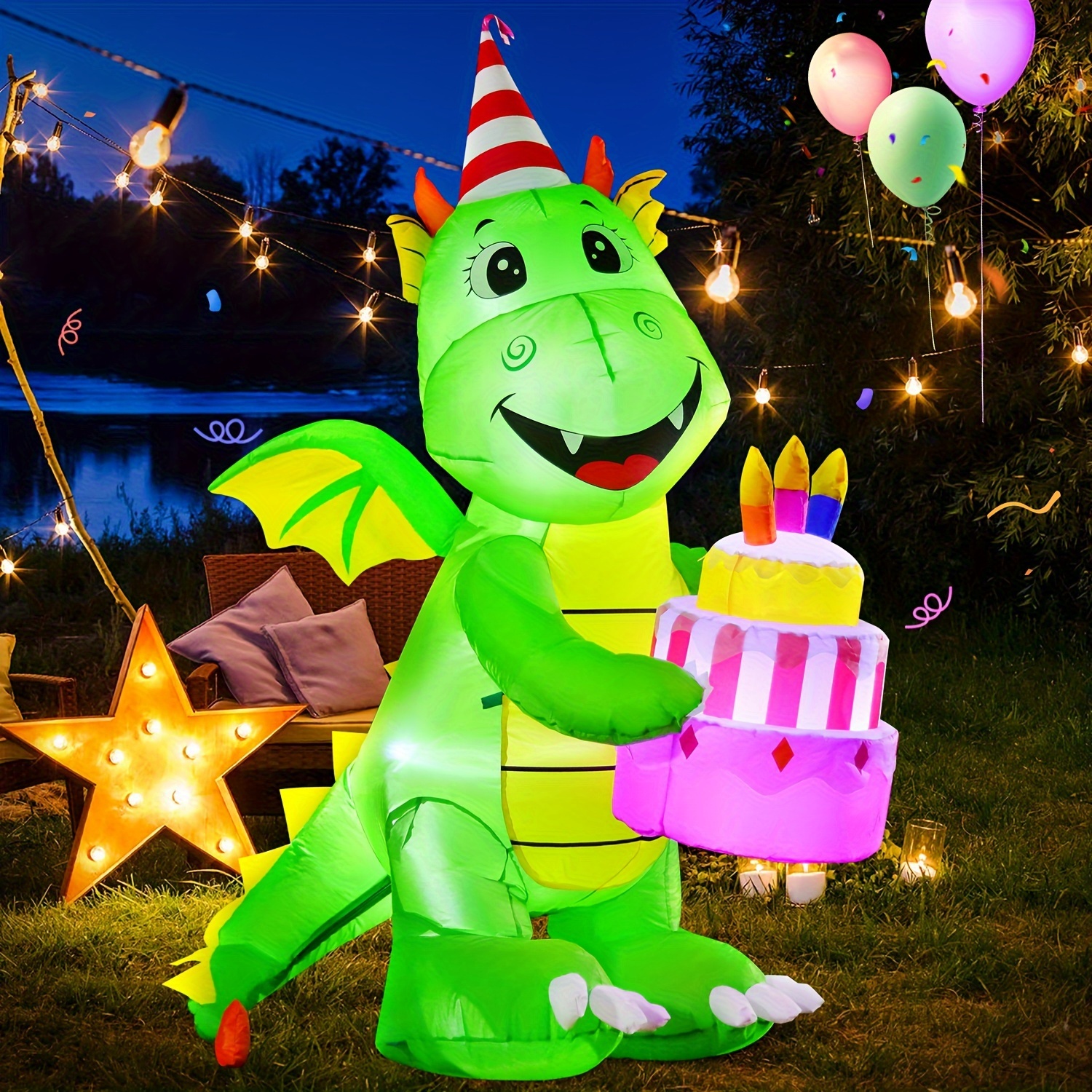 

6ft Inflatables Birthday Dinosaur Cake Outdoor Decorations, Build-in Led Lights, For Party Outdoor, Indoor, Garden Yard Lawn Décor