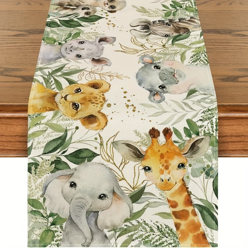 

1pc, Rustic Linen Table Runner, Watercolor Jungle Animals Design Table Runner, Ideal For Home Party Decor, Baby Shower, Spring & Summer Dining Table Decor