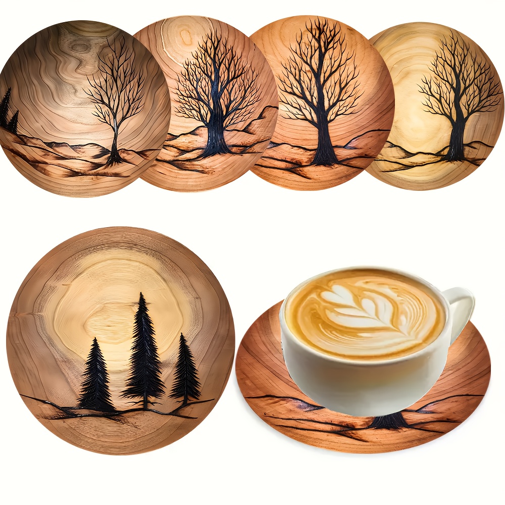 TEMU 5pcs Tree Of Life Set: 5 Heat-resistant Synthetic Wood Drink Coasters, Non-slip Kitchen Accessories, Decor, Festive Tableware Gift Set, Coffee