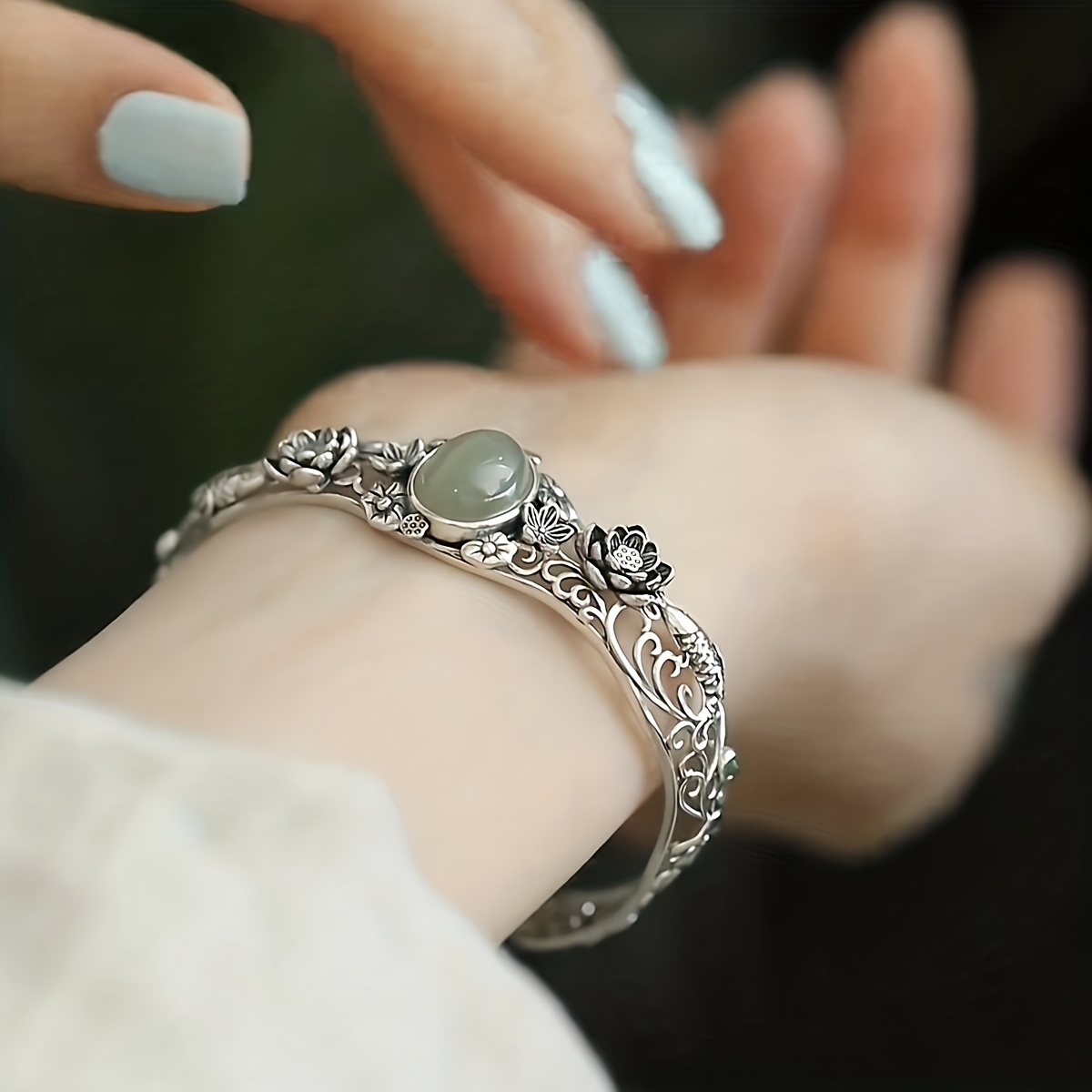 TEMU 1pc Retro Distressed New Chinese Style Koi Lotus Gemstone Bangle Women's Wristband Bracelet Suitable For Daily Parties And Activities Spring