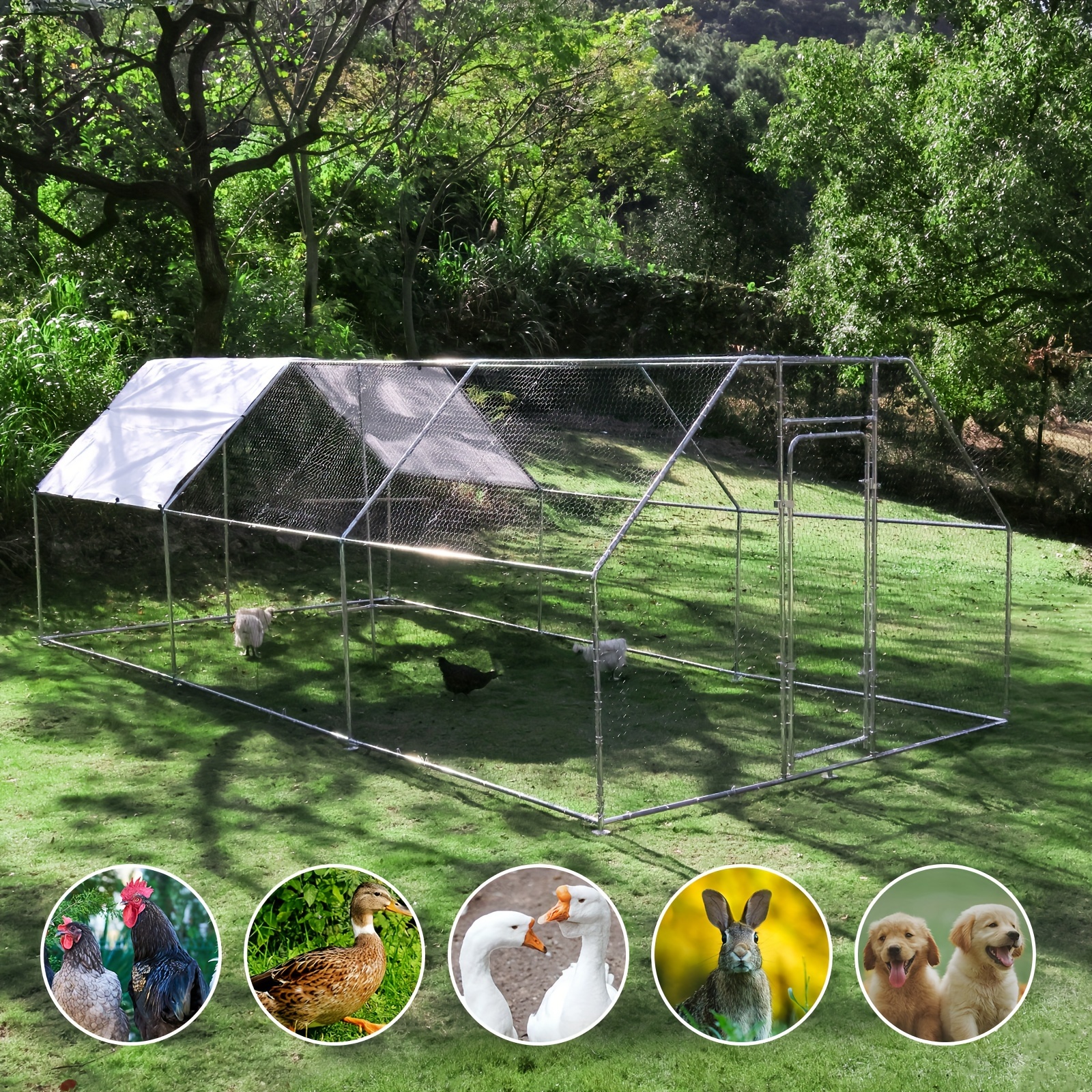 

Chicken Coop Large Metal Chicken House/pen With Climbing Frame For 15-20 Chickens, Outdoor Walk-in Poultry Cage Flat Shape For Ducks, Rabbits, Dogs Etc, Silver (236" L X 117.6" W X 78.7" H)