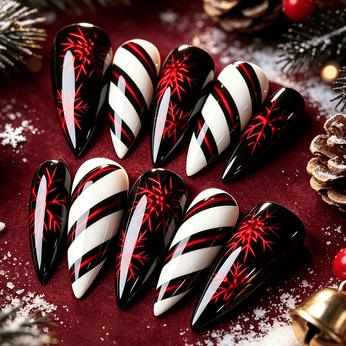 TEMU Faux Ongles Noël 24pcs Ongles Détachables Ongles Rayés Rouges Parfaits pour Noël Autocollants pour Ongles Magnifiques Cadeau Idéal pour