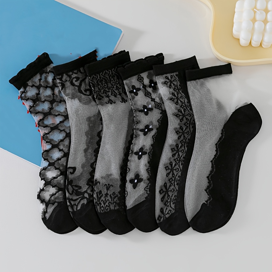 TEMU Random 5-pack Women's Mid-calf Socks, Spring/summer Style, Lace Black Trim, Durable Breathable Socks, Thin Crystal Mid-calf Non-slip Mesh Socks