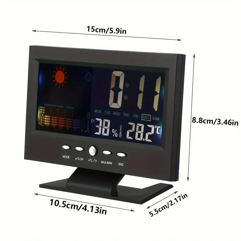 digital weather alarm clock voice control backlight temperature humidity calendar display glass material time weather forecast desk clock with color screen model 8028t 11 5cm x 15 5cm details 2