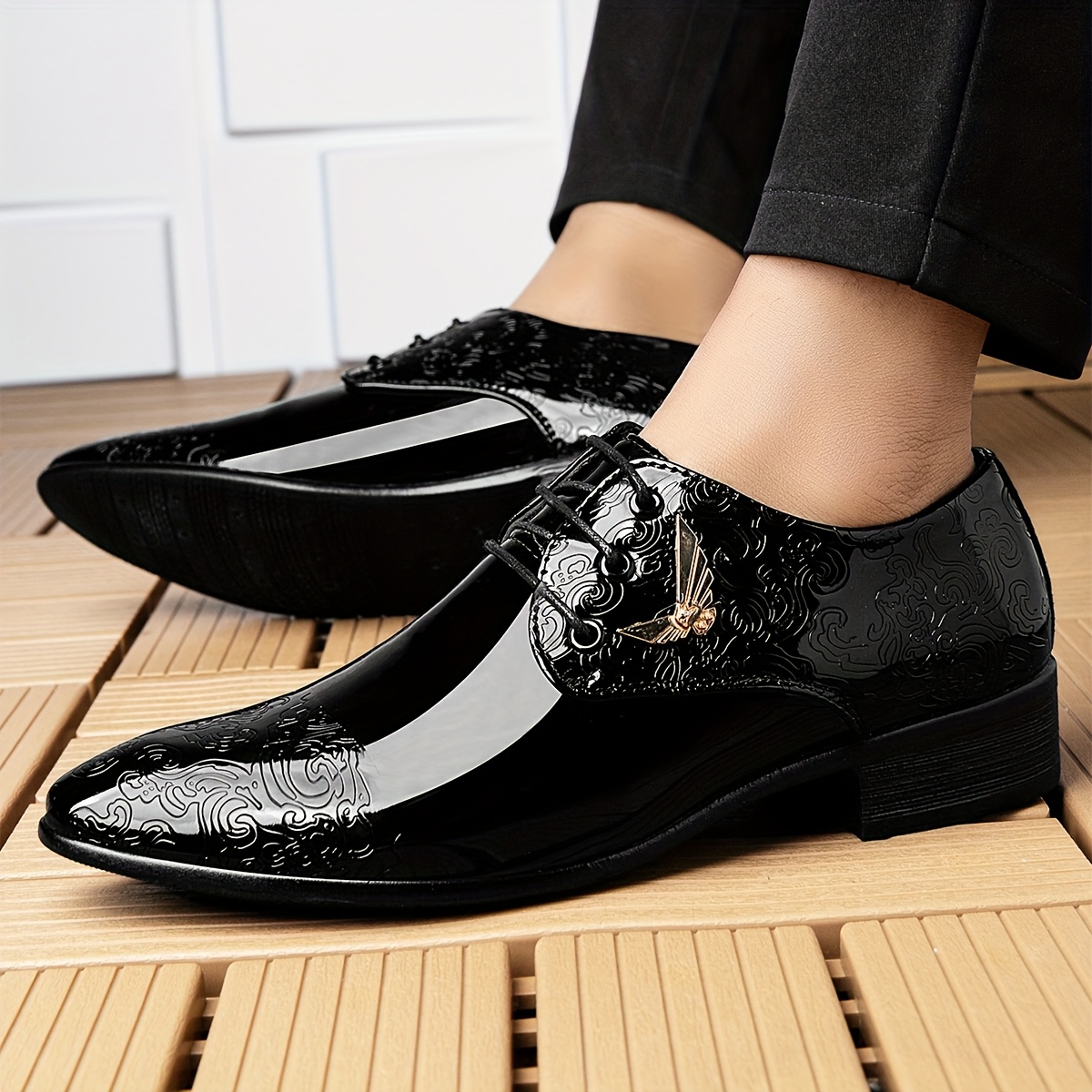 mens black patent pointed toe formal dress shoes metallic - Temu Mauritius