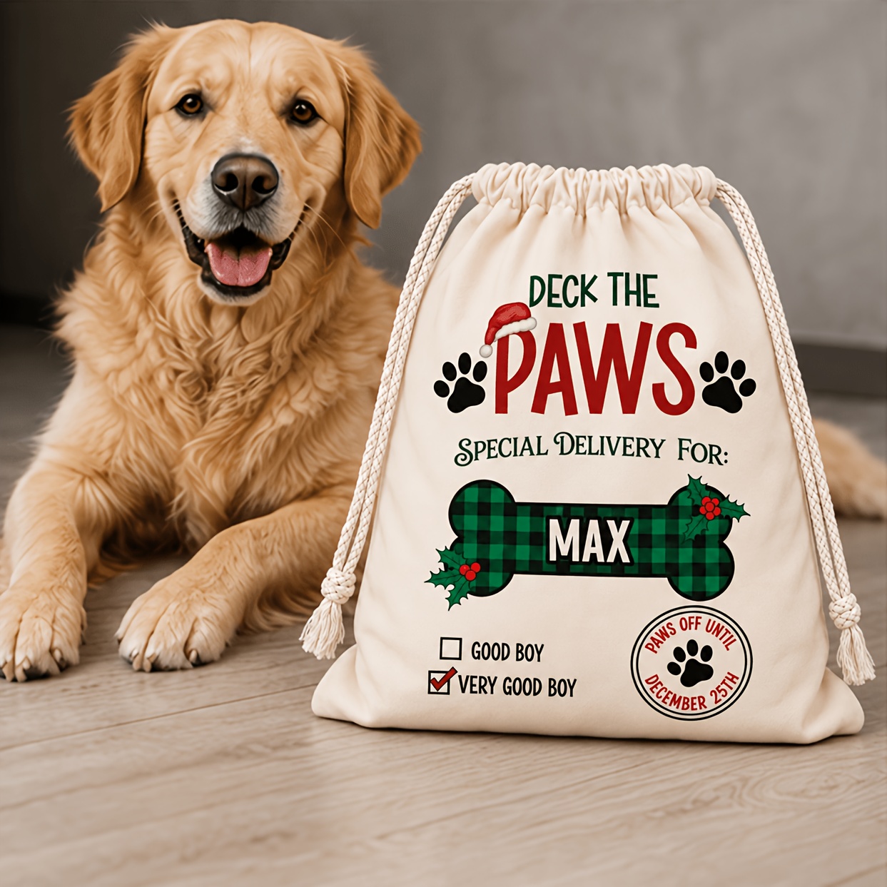 personalized   initials photo customizable christmas gift bags suitable for parties photo shoots   storage plaid bone pattern with   closure bags for dog treat packaging