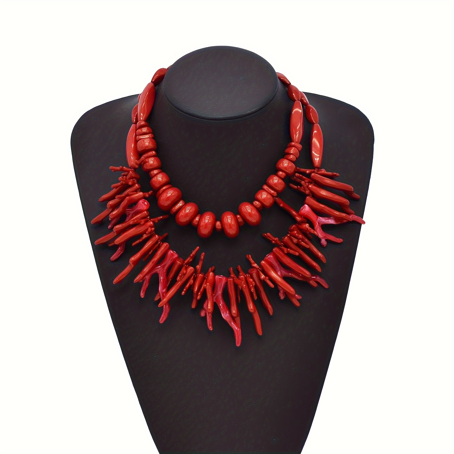 

Bold Red Acrylic Beaded Faux Coral Double-layer Necklace For Women - Hip Hop & Minimalist Style, Perfect For Parties And Vacations