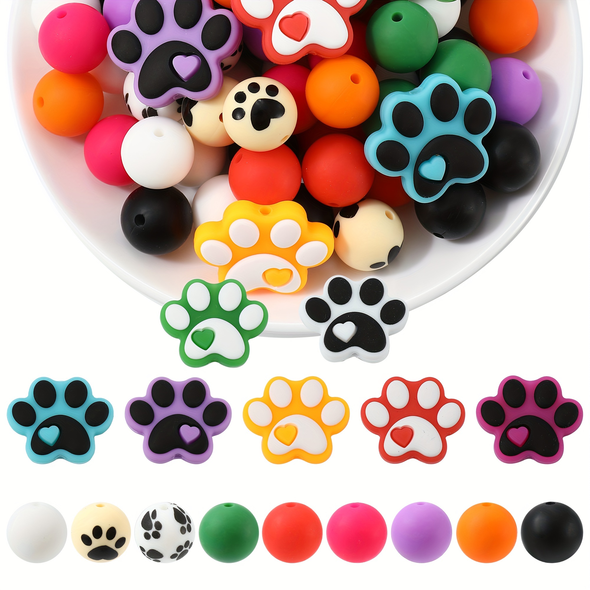 

56 Cat And Dog Paw Print Silicone Bead Combination Focus Bead, Used For Jewelry Making Diy Creative Beading Pen Decoration Key Bag Hanging Handicraft Materials