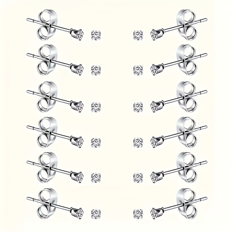 TEMU 12pcs/minimalist 304 304 304 304 Stainless Steel Earrings, 2mm/synthetic Cubic Ear Bone Studs, Suitable For Daily Wear, Without Battery