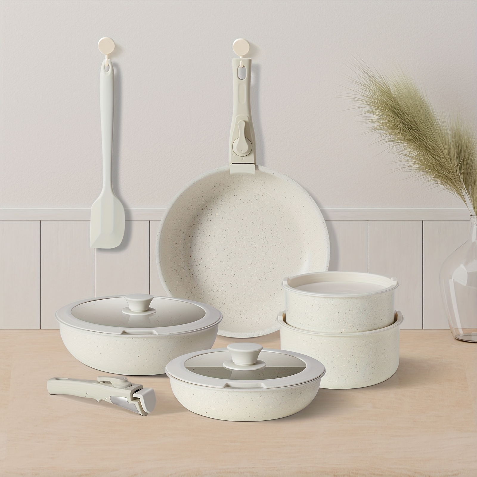 TEMU 12pcs White Granite Cookware Set, Nonstick And Easy To Clean, Induction Ready Pots And Pans With Removable Handles, Including Frying Pans And Saucepans