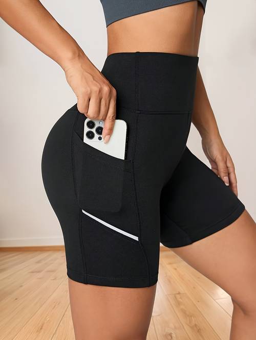 spring womens high waist high stretch sports 5 inch shorts with pockets and reflective strips solid color comfortable fitness running daily training shorts